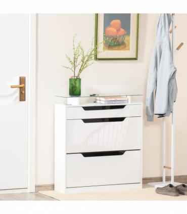 Shoe Cabinet  3 Drawers High Gloss Storage Cupboard  Glass Top White