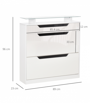 Shoe Cabinet  3 Drawers High Gloss Storage Cupboard  Glass Top White