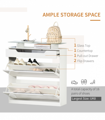 Shoe Cabinet  3 Drawers High Gloss Storage Cupboard  Glass Top White