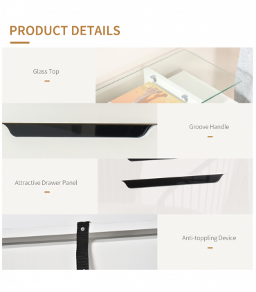 Shoe Cabinet  3 Drawers High Gloss Storage Cupboard  Glass Top White