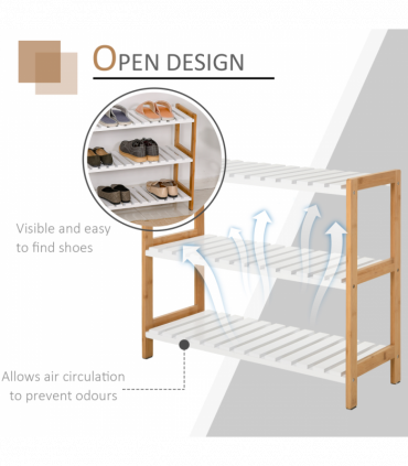 HOMCOM 3-Tier Shoe Rack Wood Frame Slatted Shelves Open Hygienic Storage 57x70cm