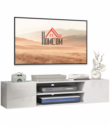 TV Unit White Melamine High Gloss 140L x 30W x 30H cm Shelves Cabinets Storage