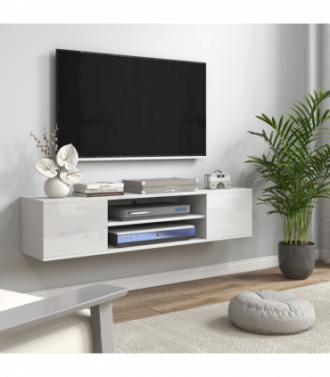 TV Unit White Melamine High Gloss 140L x 30W x 30H cm Shelves Cabinets Storage