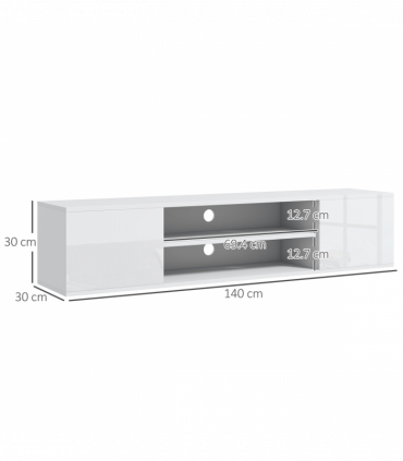 TV Unit White Melamine High Gloss 140L x 30W x 30H cm Shelves Cabinets Storage