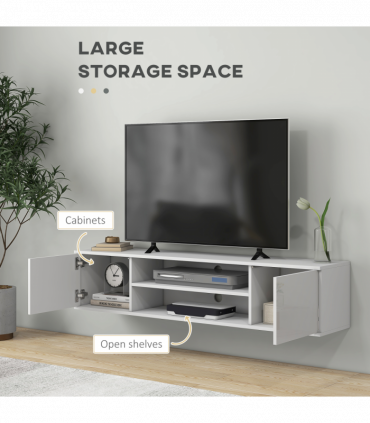 TV Unit White Melamine High Gloss 140L x 30W x 30H cm Shelves Cabinets Storage