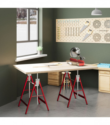 HOMCOM Set Of 2 Steel Saw Horses Telescopic Builders Work Bench Folding Red