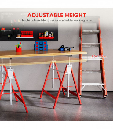 HOMCOM Set Of 2 Steel Saw Horses Telescopic Builders Work Bench Folding Red