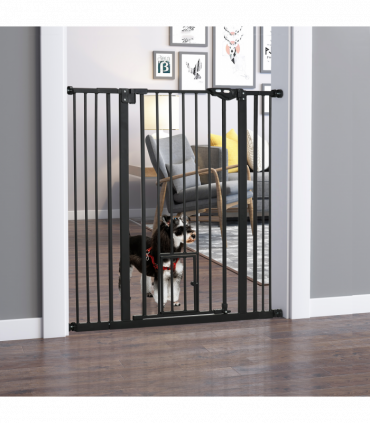 PawHut Extra Tall Dog Gate with Cat Door Auto Close for Stairs 74-101 cm Wide