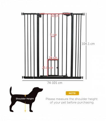 PawHut Extra Tall Dog Gate with Cat Door Auto Close for Stairs 74-101 cm Wide