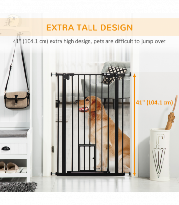 PawHut Extra Tall Dog Gate with Cat Door Auto Close for Stairs 74-101 cm Wide