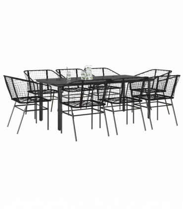 vidaXL 9 Piece Garden Dining Set Black Poly Rattan Glass
