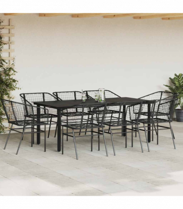 vidaXL 9 Piece Garden Dining Set Black Poly Rattan Glass