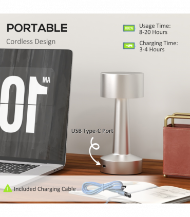 HOMCOM LED Cordless Table Lamp with Battery Operated for Bedroom, Silver