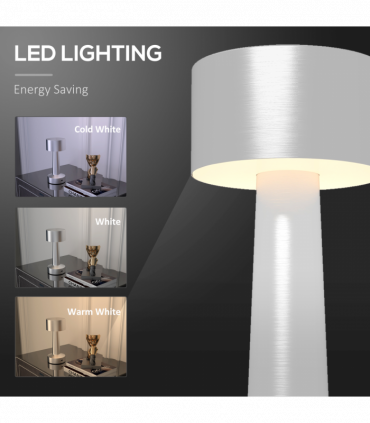 HOMCOM LED Cordless Table Lamp with Battery Operated for Bedroom, Silver