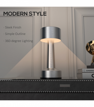 HOMCOM LED Cordless Table Lamp with Battery Operated for Bedroom, Silver