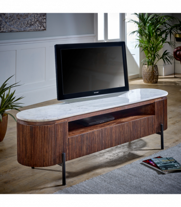 Opal Mango Wood Large Tv Stand With Marble Top & Metal Legs
