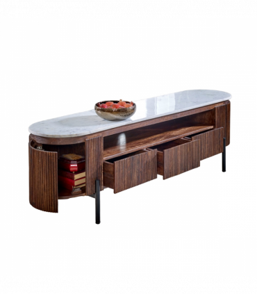 Opal Mango Wood Large Tv Stand With Marble Top & Metal Legs