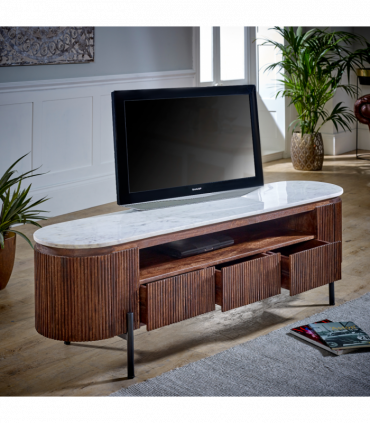 Opal Mango Wood Large Tv Stand With Marble Top & Metal Legs