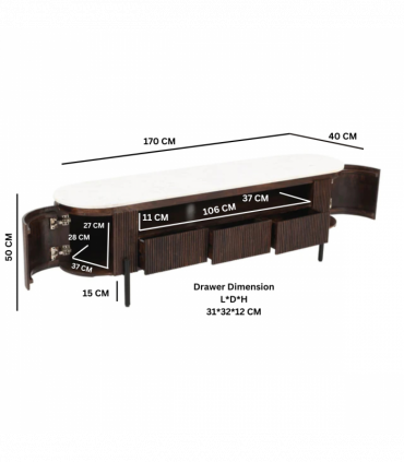 Opal Mango Wood Large Tv Stand With Marble Top & Metal Legs