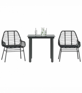 vidaXL 3 Piece Garden Dining Set Black Poly Rattan Glass