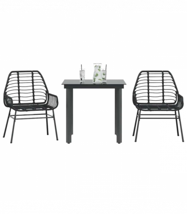 vidaXL 3 Piece Garden Dining Set Black Poly Rattan Glass