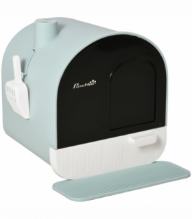 Hooded Cat Litter Tray Green Plastic 43L x 44W x 47H cm Scoop Filter Flap Door