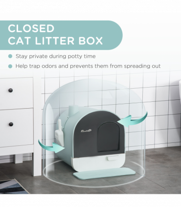 Hooded Cat Litter Tray Green Plastic 43L x 44W x 47H cm Scoop Filter Flap Door