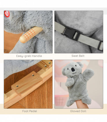 Kids Plush Ride-On Rocking Horse Koala Toy Grey Fabric 50H x 60L x 33Wcm