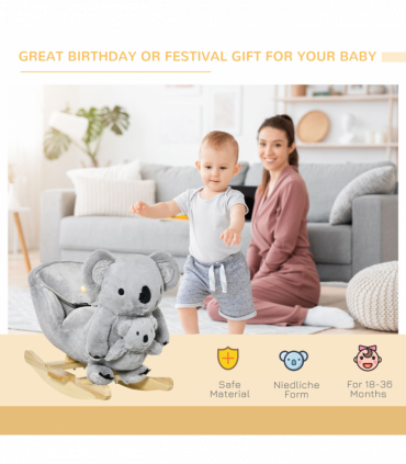 Kids Plush Ride-On Rocking Horse Koala Toy Grey Fabric 50H x 60L x 33Wcm