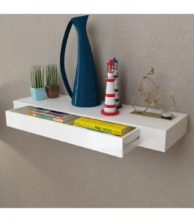 White MDF Floating Wall Display Shelf 1 Drawer Book/DVD Storage