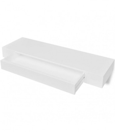 White MDF Floating Wall Display Shelf 1 Drawer Book/DVD Storage