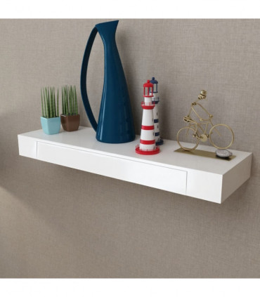 White MDF Floating Wall Display Shelf 1 Drawer Book/DVD Storage