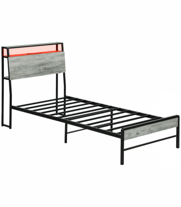 HOMCOM LED Single Bed Frame with Charging Station, 90 x 190cm, Cement Grey