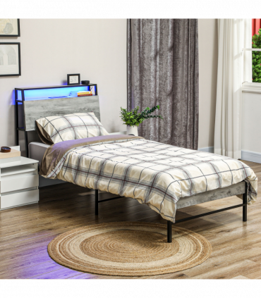 HOMCOM LED Single Bed Frame with Charging Station, 90 x 190cm, Cement Grey