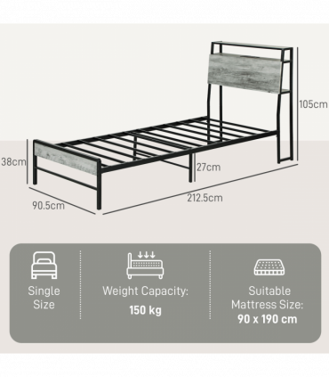 HOMCOM LED Single Bed Frame with Charging Station, 90 x 190cm, Cement Grey