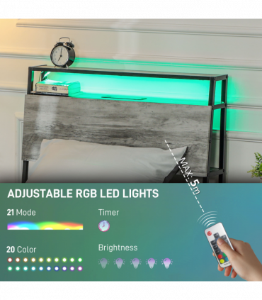 HOMCOM LED Single Bed Frame with Charging Station, 90 x 190cm, Cement Grey