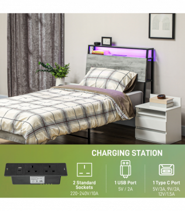 HOMCOM LED Single Bed Frame with Charging Station, 90 x 190cm, Cement Grey