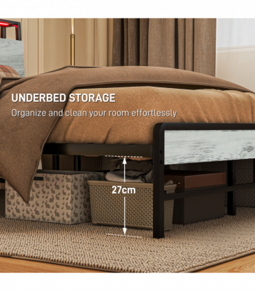 HOMCOM LED Single Bed Frame with Charging Station, 90 x 190cm, Cement Grey