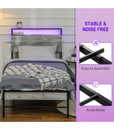 HOMCOM LED Single Bed Frame with Charging Station, 90 x 190cm, Cement Grey