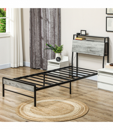 HOMCOM LED Single Bed Frame with Charging Station, 90 x 190cm, Cement Grey