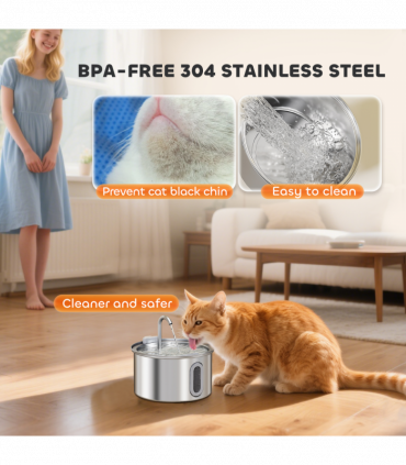 PawHut 2.5L Cat Water Fountain for Drinking Stainless Steel Ultra-Silent
