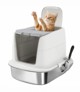 PawHut Stainless Steel Litter Box, Enclosed Metal Cat Litter Tray with Scoop