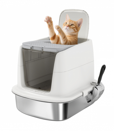 PawHut Stainless Steel Litter Box, Enclosed Metal Cat Litter Tray with Scoop