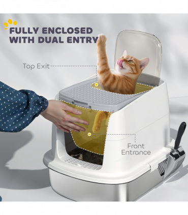 PawHut Stainless Steel Litter Box, Enclosed Metal Cat Litter Tray with Scoop