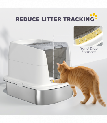 PawHut Stainless Steel Litter Box, Enclosed Metal Cat Litter Tray with Scoop