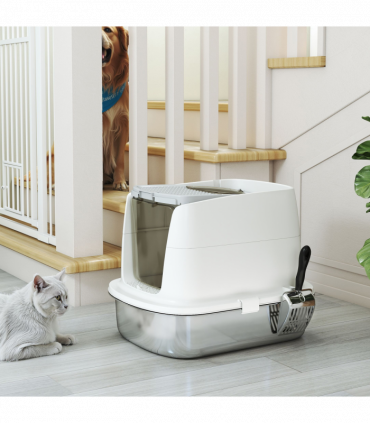 PawHut Stainless Steel Litter Box, Enclosed Metal Cat Litter Tray with Scoop