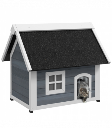 PawHut Outdoor Feral Cat House with Openable Asphalt Roof, Grey