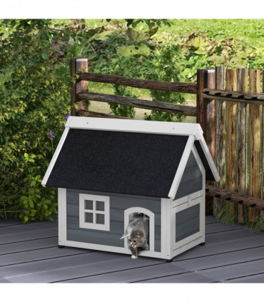 PawHut Outdoor Feral Cat House with Openable Asphalt Roof, Grey