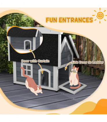 PawHut Outdoor Feral Cat House with Openable Asphalt Roof, Grey