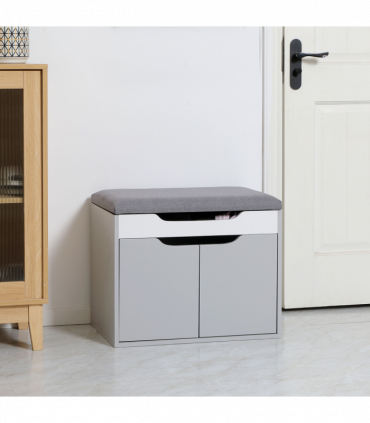 Shoe Storage Bench w/ Cabinet Adjustable Shelf and Cushion for Entryway Grey